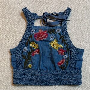 Embroidered Denim Halter Top